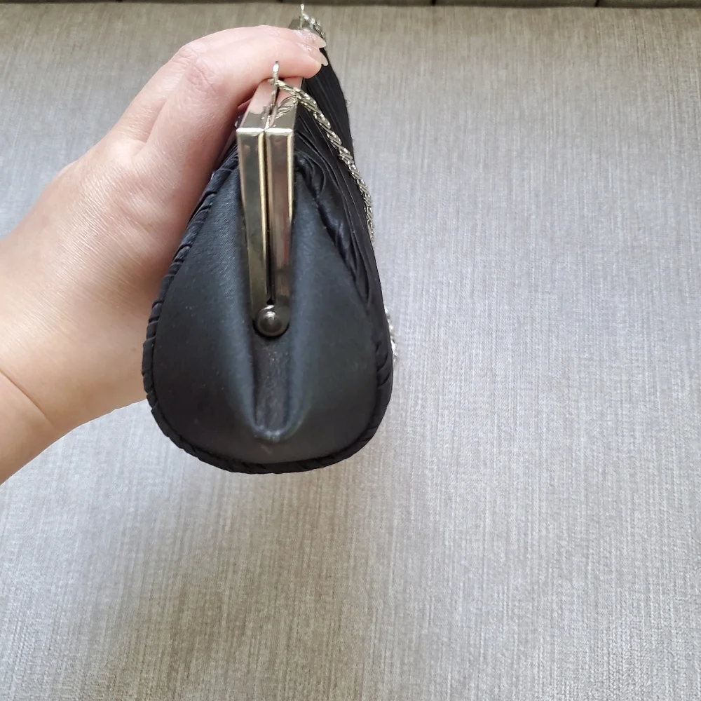 Vintage Elegant Evening Pleated Satin Elongated Clutch Black